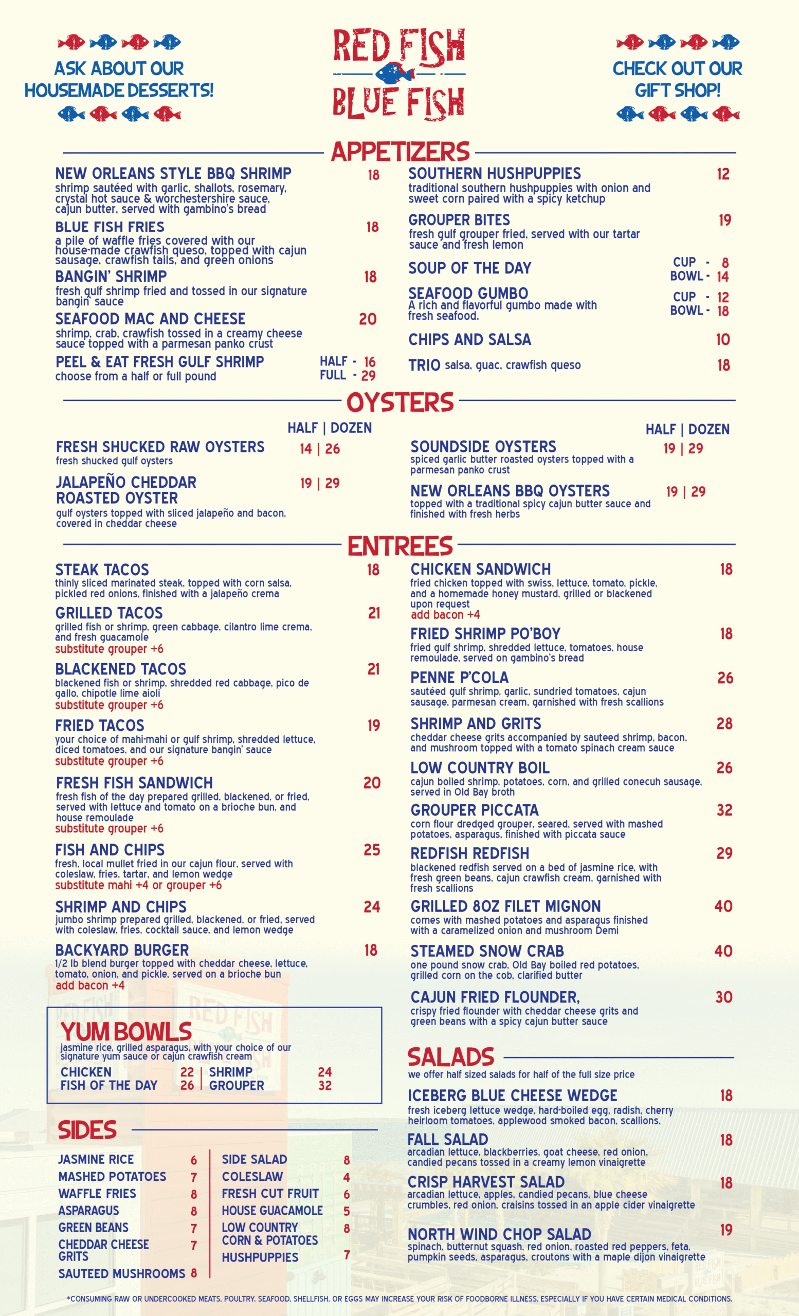 Red Fish Blue Fish Menu featuring seafood entrees, sides and appetizers.